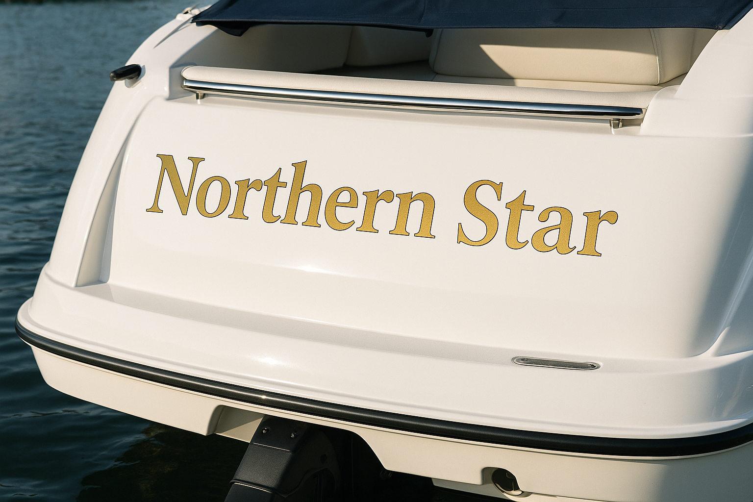 Boat transom with decorative name lettering used as context for naming and registry rules