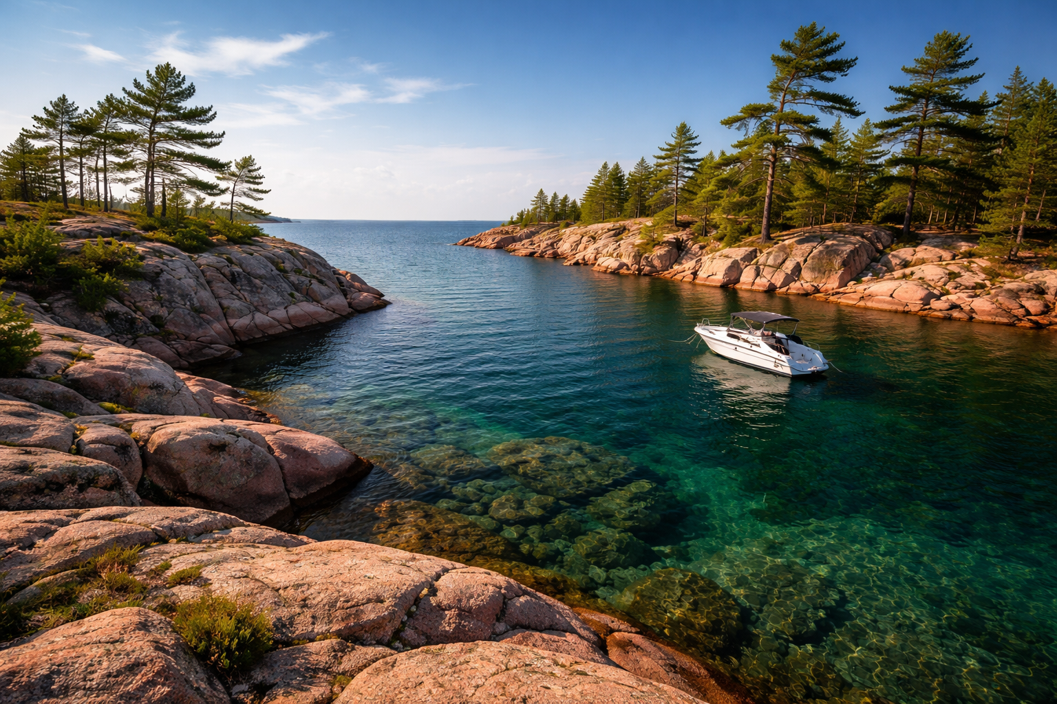 Georgian Bay shoreline and blue water boating scene