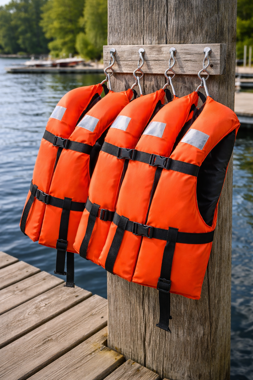 Orange life jackets hanging on a dock post beside Ontario water